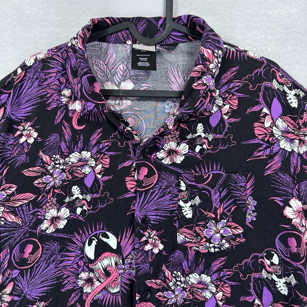 Marvel Venom Hawaiian Shirt Floral Aloha Button Up Black Purple Spiderman Mens L